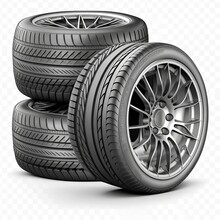 Car tires with a great profile in the car repair shop. Set of summer or winter tyres in front of white fond. On transparent PNG background black tire manufacturing dial ribbed four