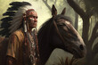 Native American Indian and western horse in traditional clothing and feathered feather tribal headdress, portrait style, generative ai