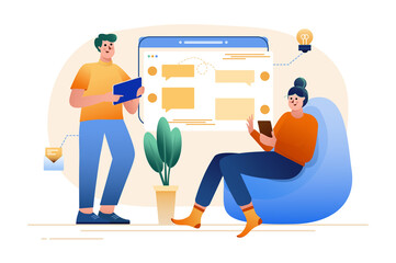 People use gadgets gradient concept with people scene in the flat cartoon design. Young couple use a tablet and a smartphone to check updates on the Internet.