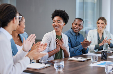 black woman, success or applause of business people in a meeting for winner of sales target or goals