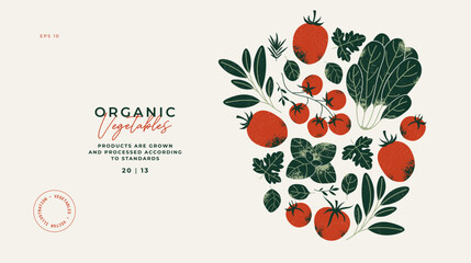 Wall Mural - tomatoes and greens horizontal design template. garden food. farm fresh organic vegetables backgroun