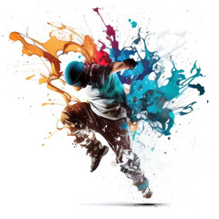  Ballerino in stile moderno che salta con spruzzi di vernice colorata su sfondo bianco. Realizzato con intelligenza artificiale generativa