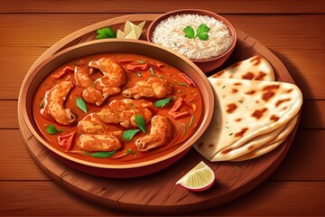 Poster - Chicken tikka masala spicy curry meat food in a clay plate with rice and naan bread on wooden background. Generative AI