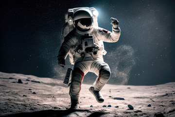 astronaut in space suit dancing on moon surface. space exploration. creative image. created with gen