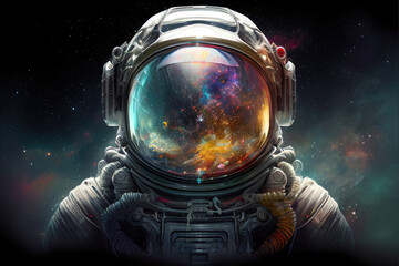 front view astronaut potrait. astronaut in space suit with galaxy and nebula reflection in helmet gl