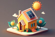 © Gelpi - Colorful eco-house on color background. Concept of renewable energy. House with solar panels on the roof. Generative AI