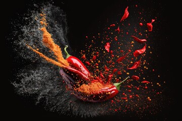 red chili pepper exploding with powder over black background illustration generative ai