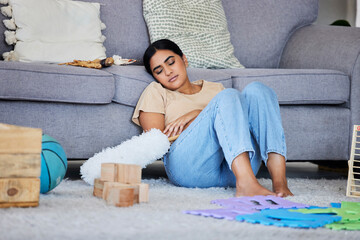 Wall Mural - Woman, housekeeper and sleeping on living room sofa for cleaning, hygiene or service at home. Tired female cleaner exhausted suffering from burnout or fatigue resting and dreaming by lounge couch