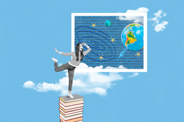 Poster banner template of funky woman student stand pile book enjoy read cosmic encyclopedia textbook