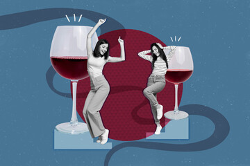 Sticker - Magazine graphics collage template of two friends girls enjoy weekend relax party drink gourmet red wine