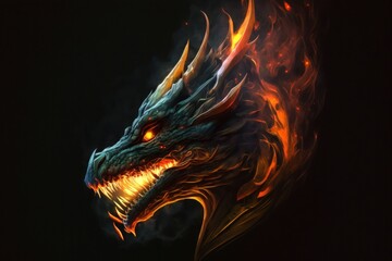 Wall Mural - Digital painting of a fire dragon's head with a flame on a dark background. Generative AI