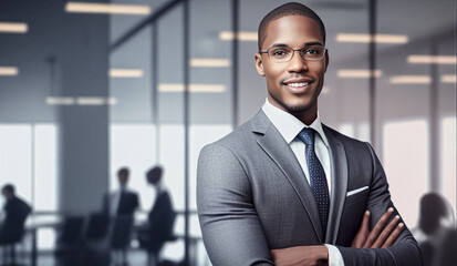 cheerful, successful, and confident african american attorney or business man in a suit, standing wi