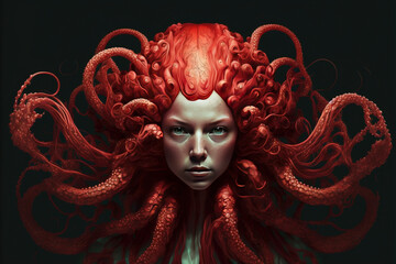 Goddess of the ocean, beautiful girl sea queen in an octopus headdress and a dress on the  black background created with Generative AI technology