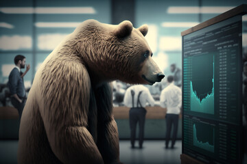 Bearish market, bear in front of stock, forex or crypto chart, illustrative concept for financial markets going down, Generative ai