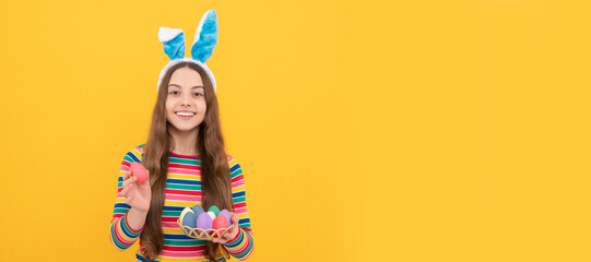 Wall Mural - pure happiness. adorable funny kid on egg hunt. easter spring holiday. happy teen girl. Easter child horizontal poster. Web banner header, copy space.