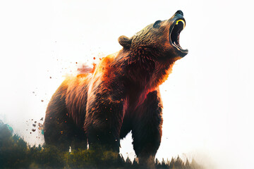 Fototapete - Wild screaming grizzly bear double exposure with paint splatters. Dynamic action pose.
Digitally generated AI image