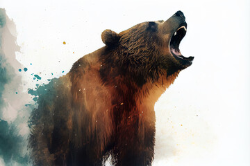 Fototapete - Wild screaming grizzly bear double exposure with paint splatters. Dynamic action pose.
Digitally generated AI image