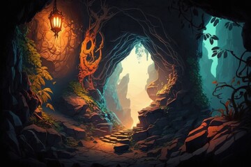 Wall Mural - enigmatic entrance to the brilliant cave. World of fantasy, illustrative. Generative AI