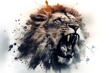 Fototapete - Wild screaming lion double exposure with paint splatters. Dynamic action pose.
Digitally generated AI image