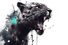 Wild Screaming Panther Double Exposure With Paint Splatters. Dynamic Action Pose.
Digitally Generated AI Image