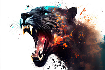 Fototapete - Wild screaming panther double exposure with paint splatters. Dynamic action pose.
Digitally generated AI image