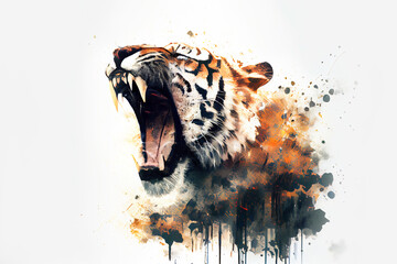 Fototapete - Wild screaming tiger double exposure with paint splatters. Dynamic action pose.
Digitally generated AI image