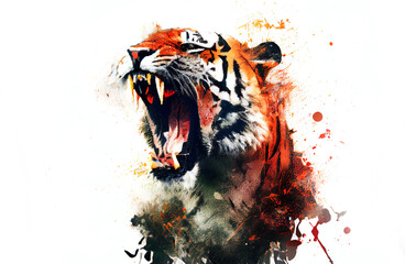 Fototapete - Wild screaming tiger double exposure with paint splatters. Dynamic action pose.
Digitally generated AI image