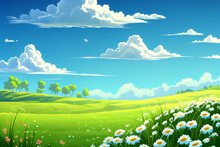 Carton Meadow Spring Landscape Background Scenery Of A Springtime Green Pasture Field With A Blue Summer Sky And Fluffy Summertime Clouds Computer Generative AI Stock Illustration Image