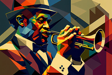 Afro-American male jazz musician trumpeter playing a brass trumpet in an abstract cubist style painting for a poster or flyer, computer Generative AI stock illustration