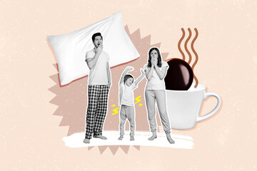 Sticker - Creative photo collage 3d illustration of funny happy family wake up early morning stretching yawn isolated on pink color background