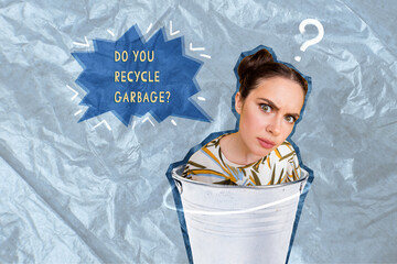 Canvas Print - Photo cartoon comics sketch collage picture of suspicious lady asking you about recycling garbage isolated drawing background