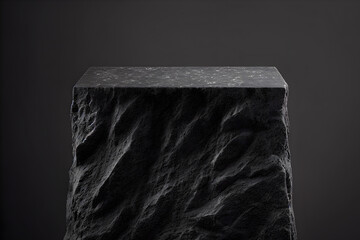 3D rendering of dark podium stone for display product showcase on the black abstract background scene, with light and shadow, luxury style, Generative Ai.