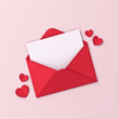 © masterzphotofo - Love letter creative idea concepts blank white paper in red envelope and red origami hearts isolated on pink pastel color background with shadows minimal conceptual for valentines day 3D rendering