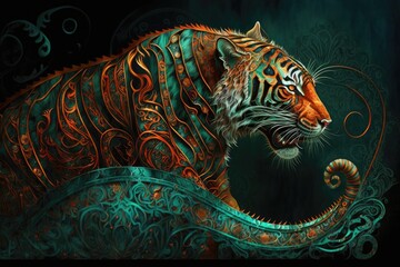 Wall Mural - a tornado tiger, arabic style, filigree ornate, emerald and fiery orange generative ai