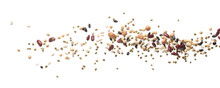 Mix Beans Fall Down Explosion, Several Kind Bean Float Explode. Dried Mixed White Green Red Soy Black Peanut Beans Splash Throwing In Air. White Background Isolated High Speed Shutter, Freeze