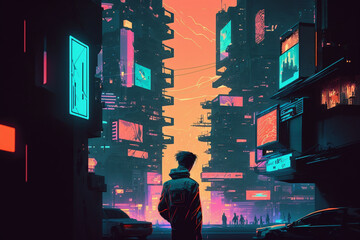 Wall Mural - A player navigating through a neon-lit virtual city, Generative AI	