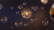 3D Cosmetic Bubble Animation Design That Moisturizes On A Dark Background. Design Of Cosmetic Essentials Serum. Beautiful Macro Shot Of Many Gold Water Bubbles.