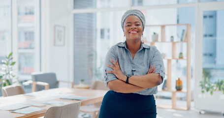 Wall Mural - Black woman, business leadership and happy portrait of worker, management and empowerment for company, vision and goals in office. Smile, manager and arms crossed with motivation in Nigeria startup