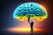 © Qazi - Best Close View Human Brain Man Holding a Human Brain in Bulb Shape Illustration Background AI