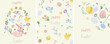 A collection of Easter greeting cards, a cute rabbit, a singing bird, a chicken, bright spring flowers, etc. Spring flowering. Ideal for banners, cards, posters, stickers. Vector illustration.