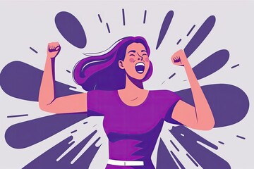 Wall Mural - Woman cartoon character with purple clothes, smiling and with arm straight and raised. Generative AI