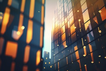Background of futuristic urban and business architecture. Real estate concept with bokeh, motion blur, and a reflection in a glass panel of a skyscraper facade. Generative AI