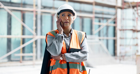 Wall Mural - Phone call, engineer manager and woman worker happy talking on smartphone at construction site. Architecture management leader, industrial building worker and online mobile communication conversation