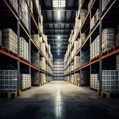 Canvas Print - large clean warehouse with shelves, cardboard boxes and products, Generative Ai