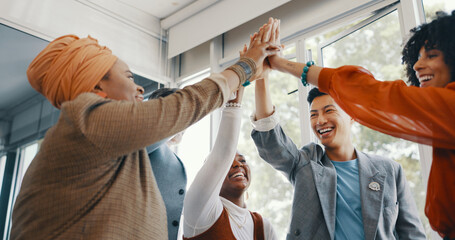 Success, team work or people high five in office for meeting sales kpi goals, winning or target achievement. Support, happy or employees in celebration of business growth, partnership or project deal
