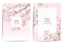 Vector Editorial Design Frame Set Of Korean Spring Scenery With Cherry Trees In Full Bloom. Design For Social Media, Party Invitation, Frame Clip Art And Business Advertisement