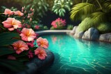 Fototapeta  - Swimming pool with tropical flowers. Summer seasonal design for relax, spa and wellness. Tourist resort concept. 