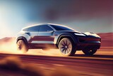 Fototapeta Nowy Jork - illustration of Electric SUV driving on the highway,generative ai content by Midjourney