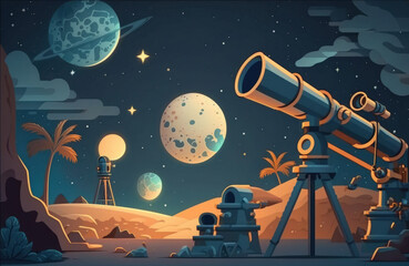 Wall Mural - Astronomical telescope and equipment for observing stars, Milky way and planets in nature, far from light pollution and urban zones. Generative AI