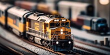 Tilt-shift Miniature Train Model On Railroad Transport. Illustration AI Generated